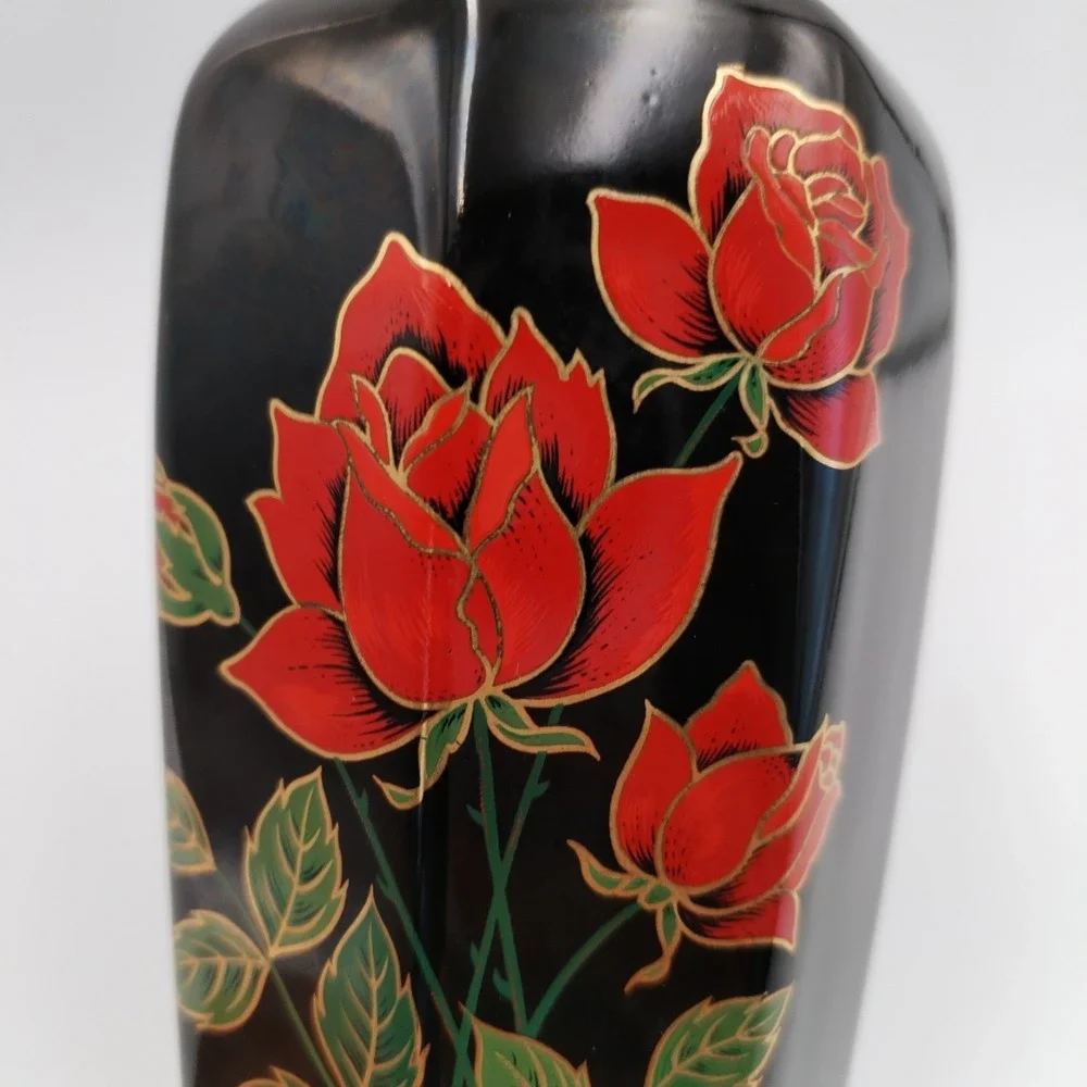 VTG Otagiri Japan Crimson Rose Black Porcelain Vase Octagon Gold‎ Trim 6